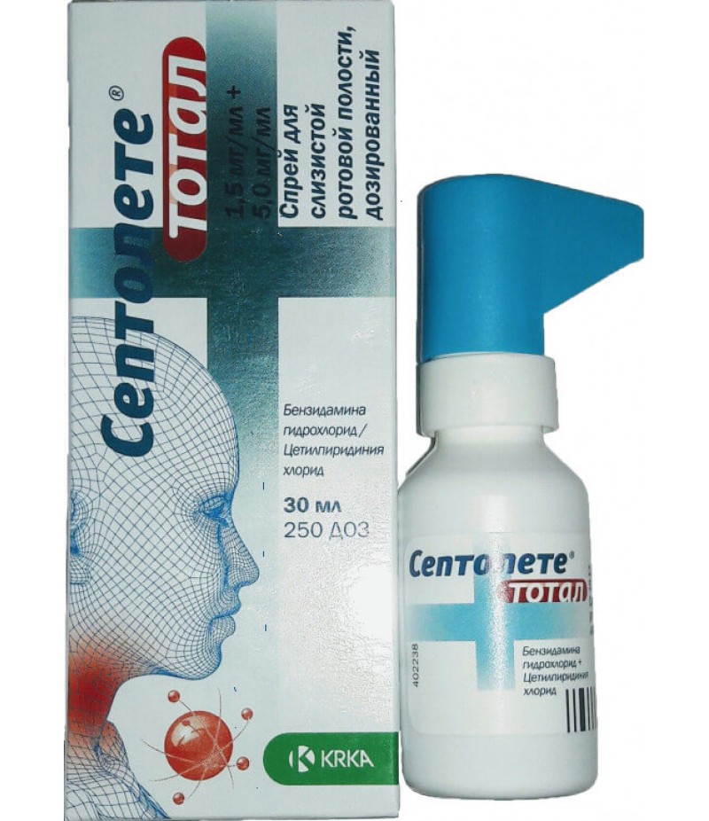 Septolete Total spray 0.15mg + 0.05mg/dose 30ml 250doses Septolete Total spray 0.15mg + 0.05mg/dose 30ml 250doses